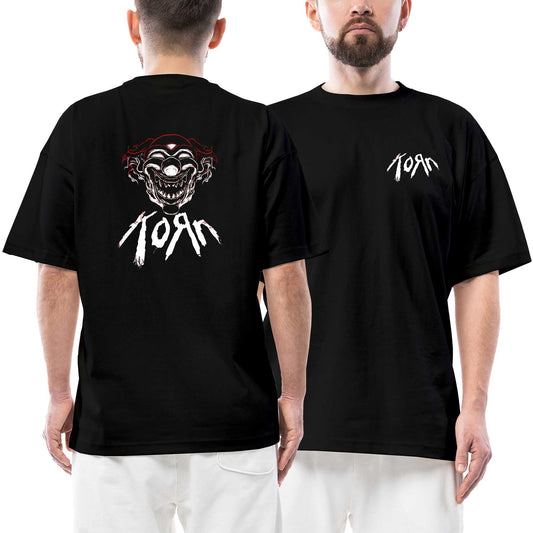 Korn Maske Ön Arka Baskılı Siyah Oversize Tişört