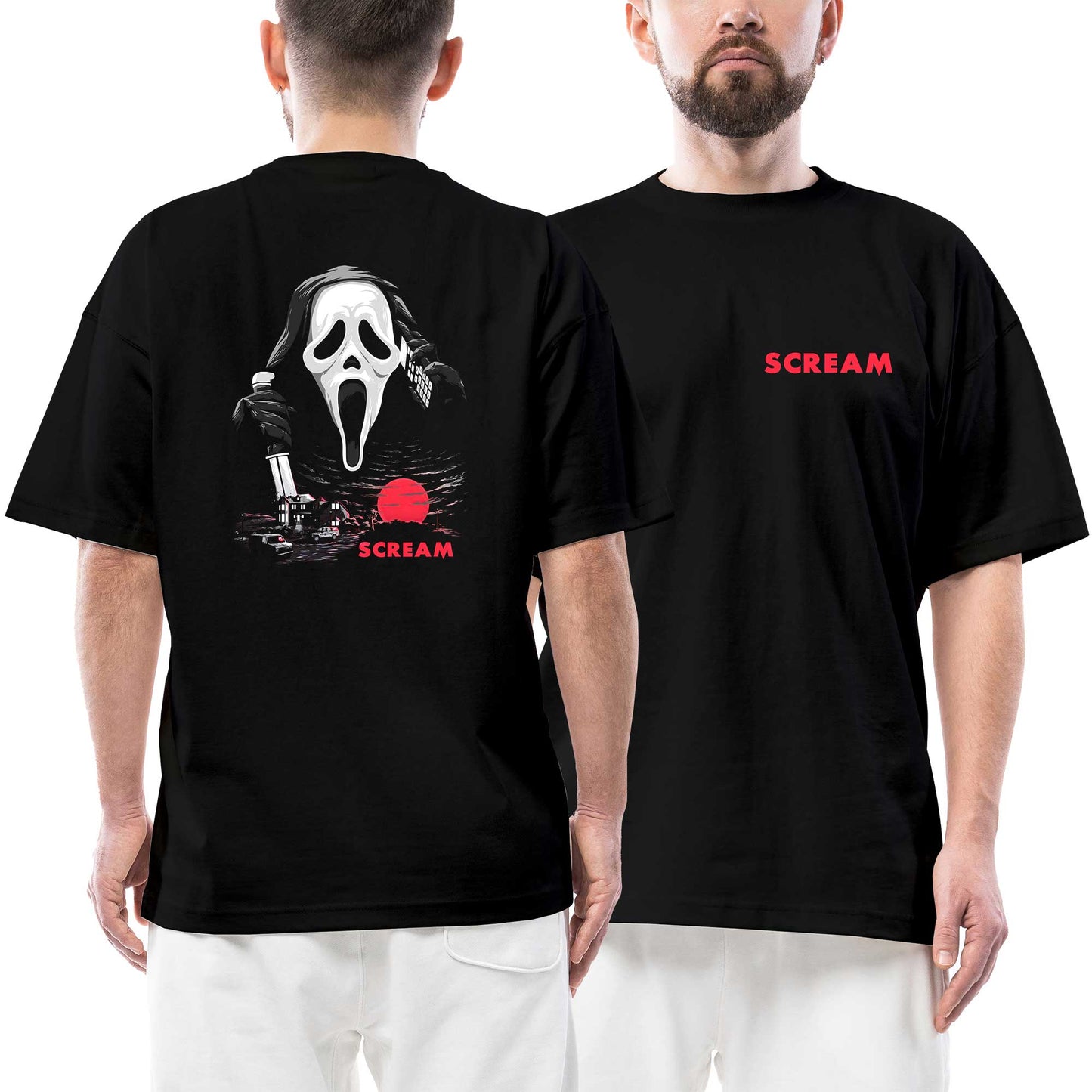Scream Town Ön Arka Baskılı Siyah Oversize Tişört