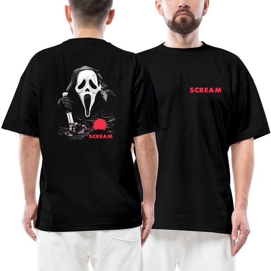 Scream Town Ön Arka Baskılı Siyah Oversize Tişört