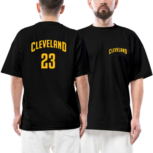 Cleveland 23 Ön Arka Baskılı Siyah Oversize Tişört
