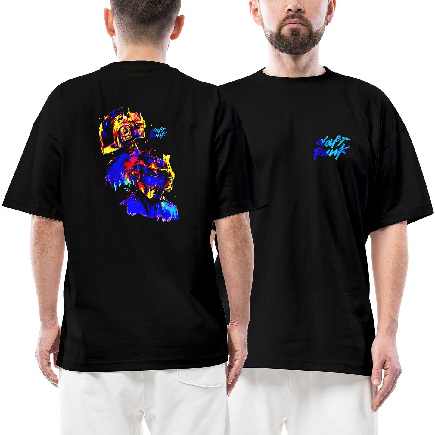 Daft Punk Splash Ön Arka Baskılı Siyah Oversize Tişört