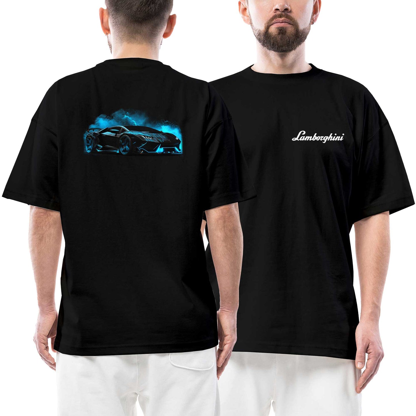 Lamborghini Black Neon Ön Arka Baskılı Siyah Oversize Tişört