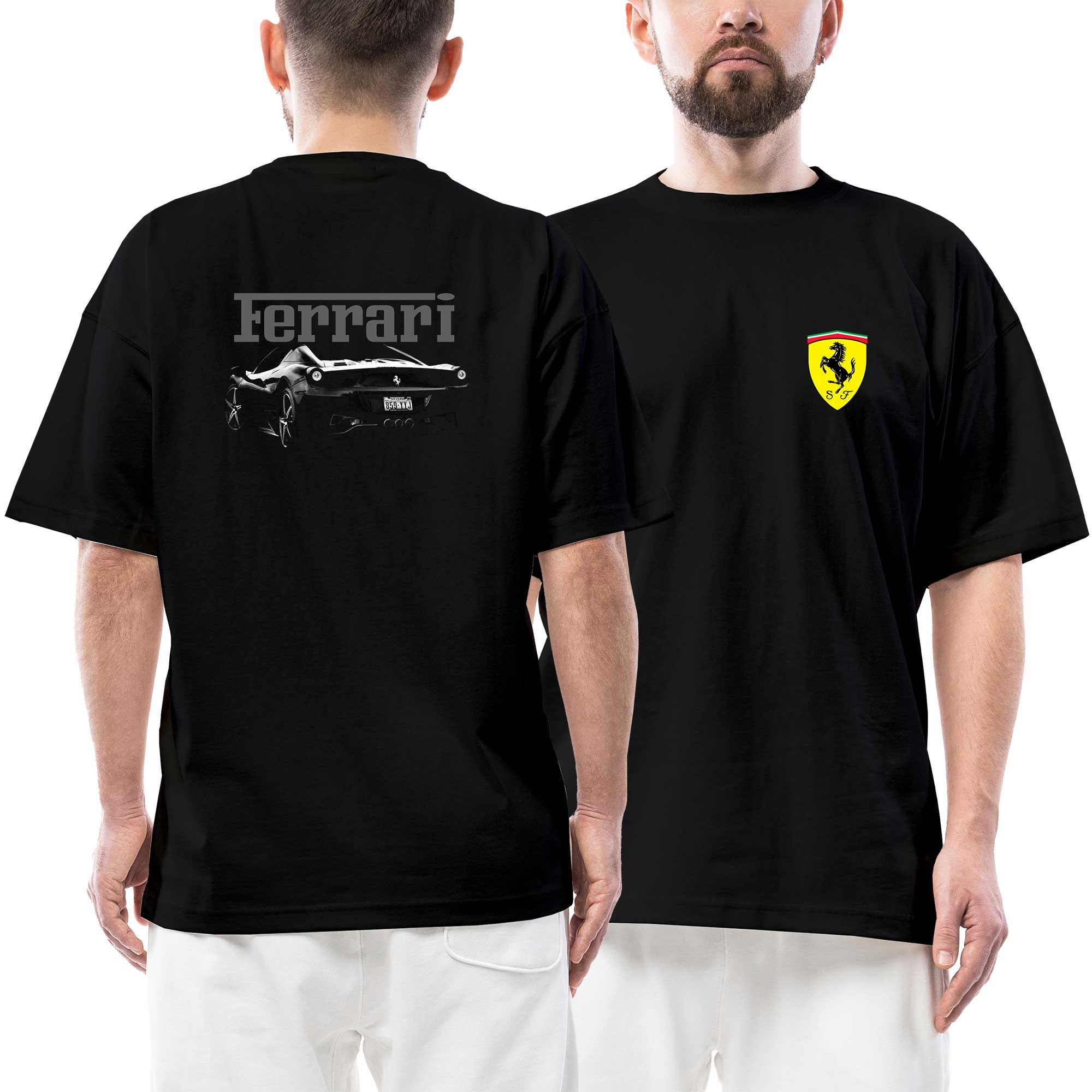 Ferrari Ghost Ön Arka Baskılı Siyah Oversize Tişört | Zepplin