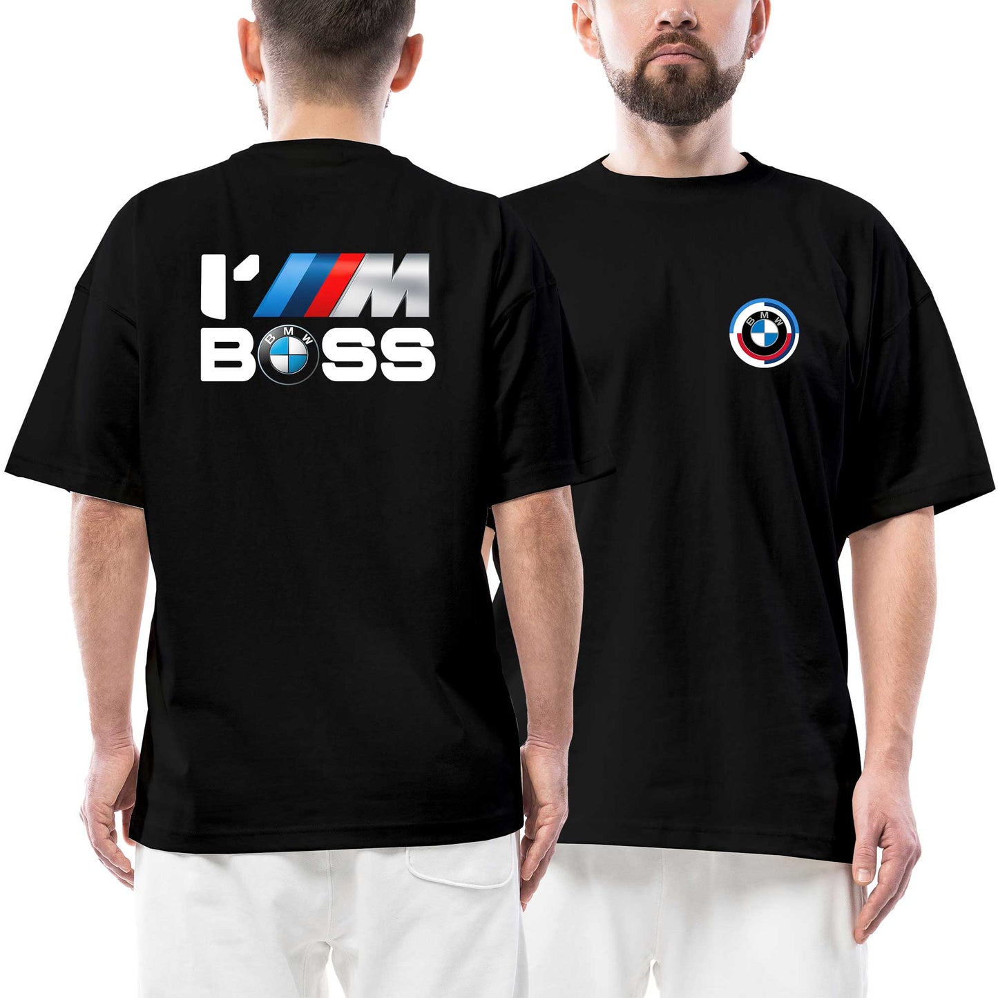 BMW IM BOSS Logo Ön Arka Baskılı Siyah Oversize Tişört