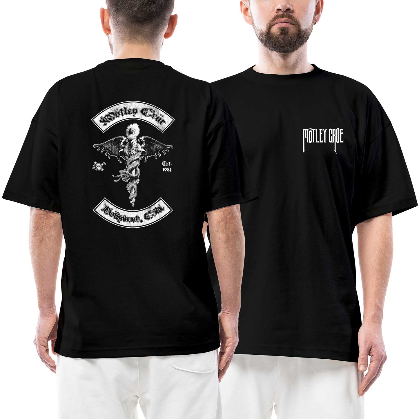 Mötley Crüe Hollywood Ön Arka Baskılı Siyah Oversize Tişört