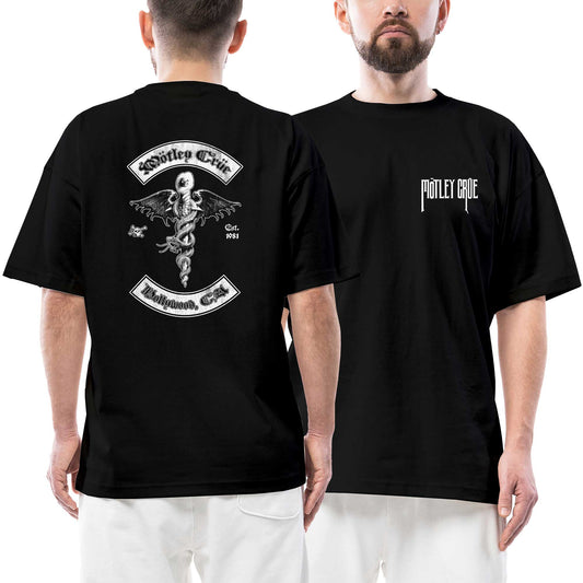 Mötley Crüe Hollywood Ön Arka Baskılı Siyah Oversize Tişört