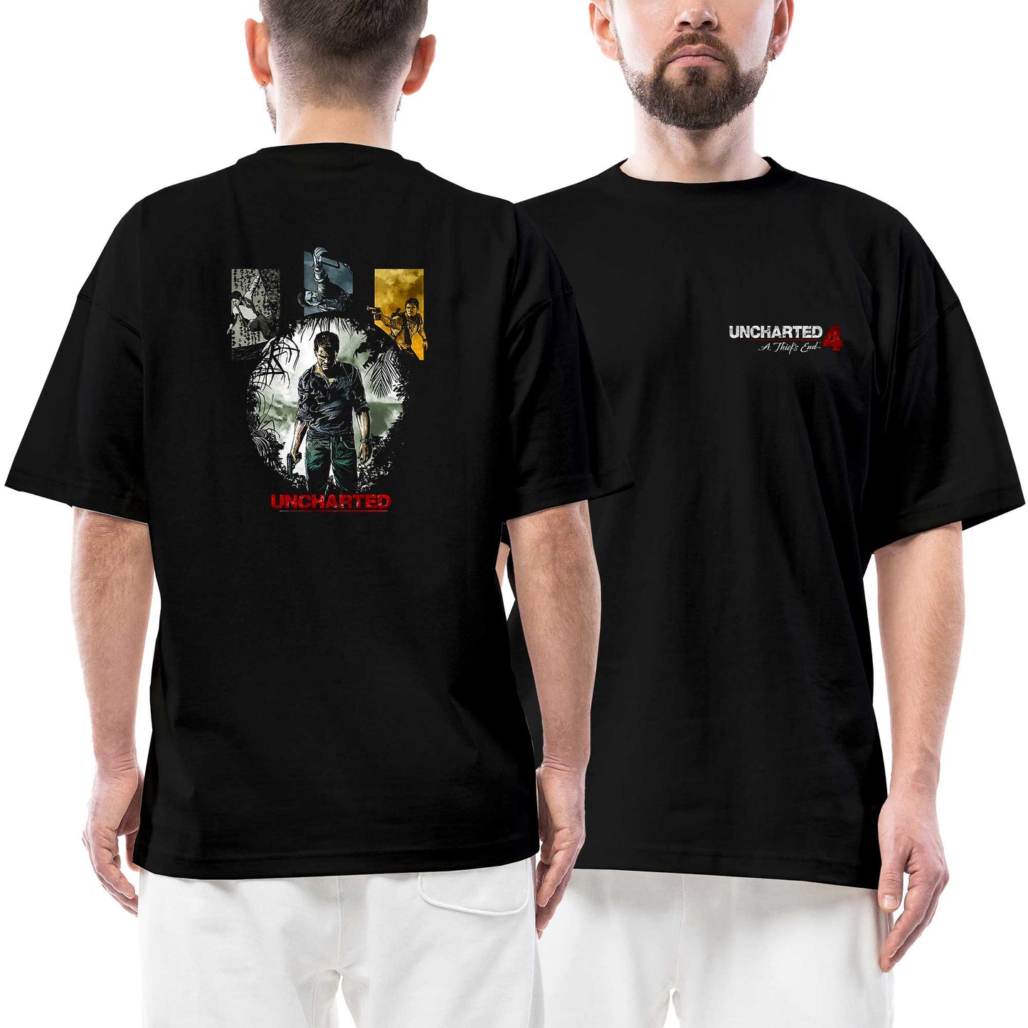 Uncharted 4 Character Ön Arka Baskılı Siyah Oversize Tişört