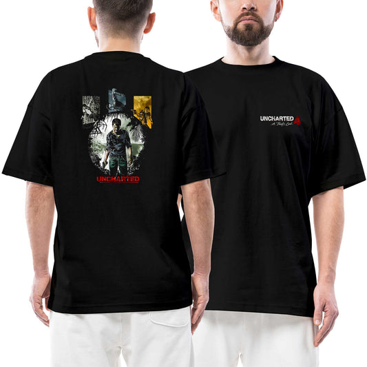 Uncharted 4 Character Ön Arka Baskılı Siyah Oversize Tişört
