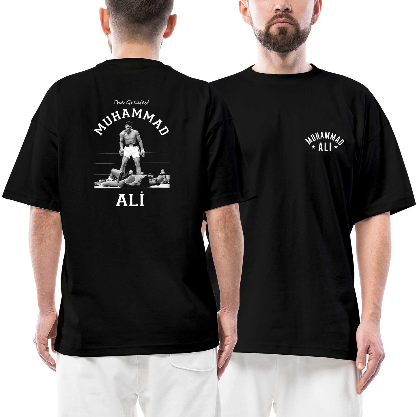 Muhammed Ali Knock Out Ön Arka Baskılı Siyah Oversize Tişört