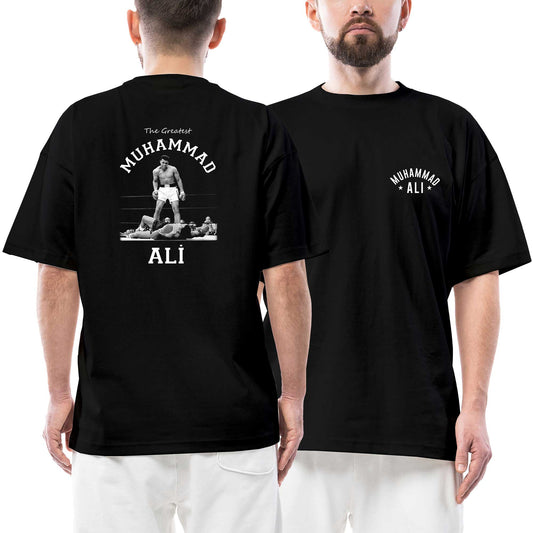 Muhammed Ali Knock Out Ön Arka Baskılı Siyah Oversize Tişört