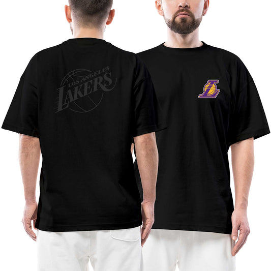 Los Angeles Lakers Grey Silhouette Ön Arka Baskılı Siyah Oversize Tişört