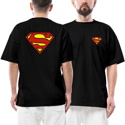 Superman Klasik Logo Ön Arka Baskılı Siyah Oversize Tişört