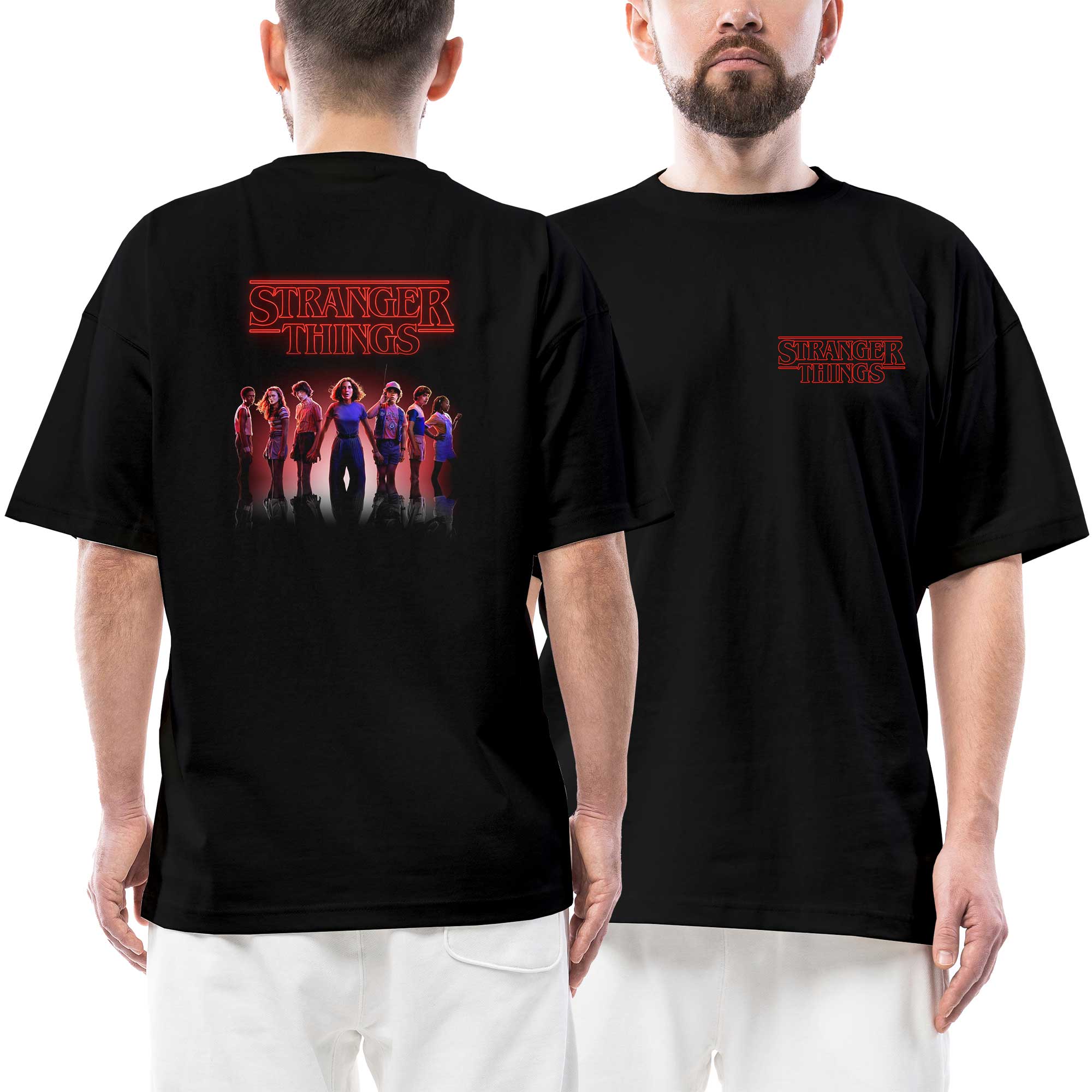 Stranger Things Home Ön Arka Baskılı Siyah Oversize Tişört
