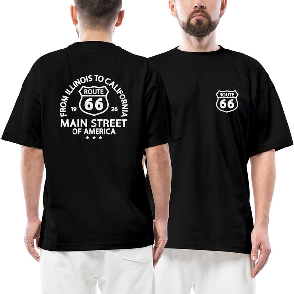 Route66 Main Ön Arka Baskılı Siyah Oversize Tişört