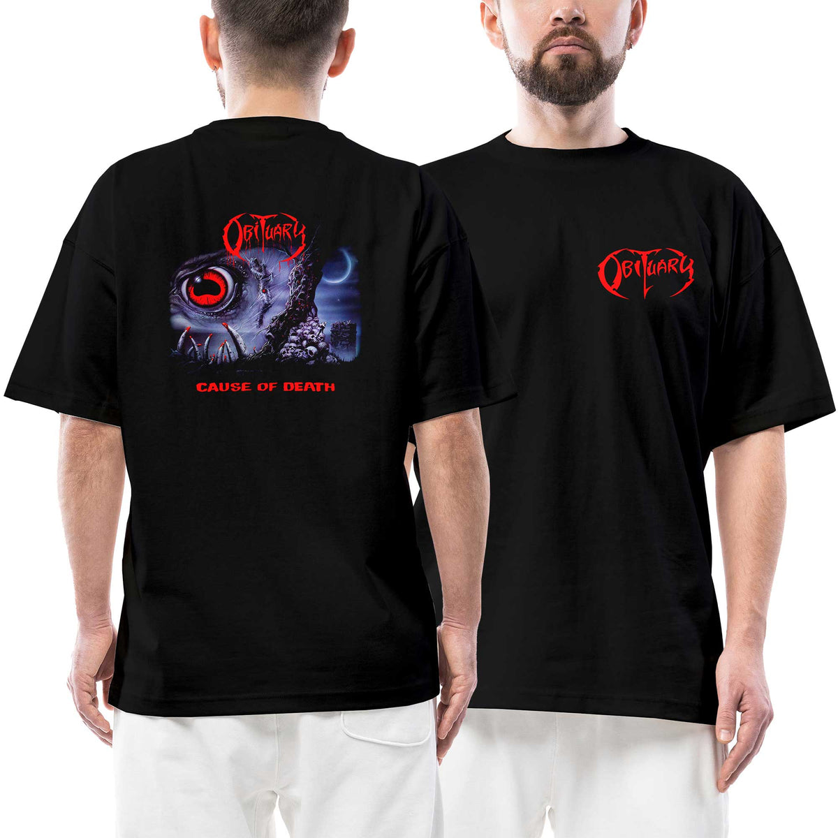 Obituary Cause of Death Ön Arka Baskılı Siyah siyah oversize tişört
