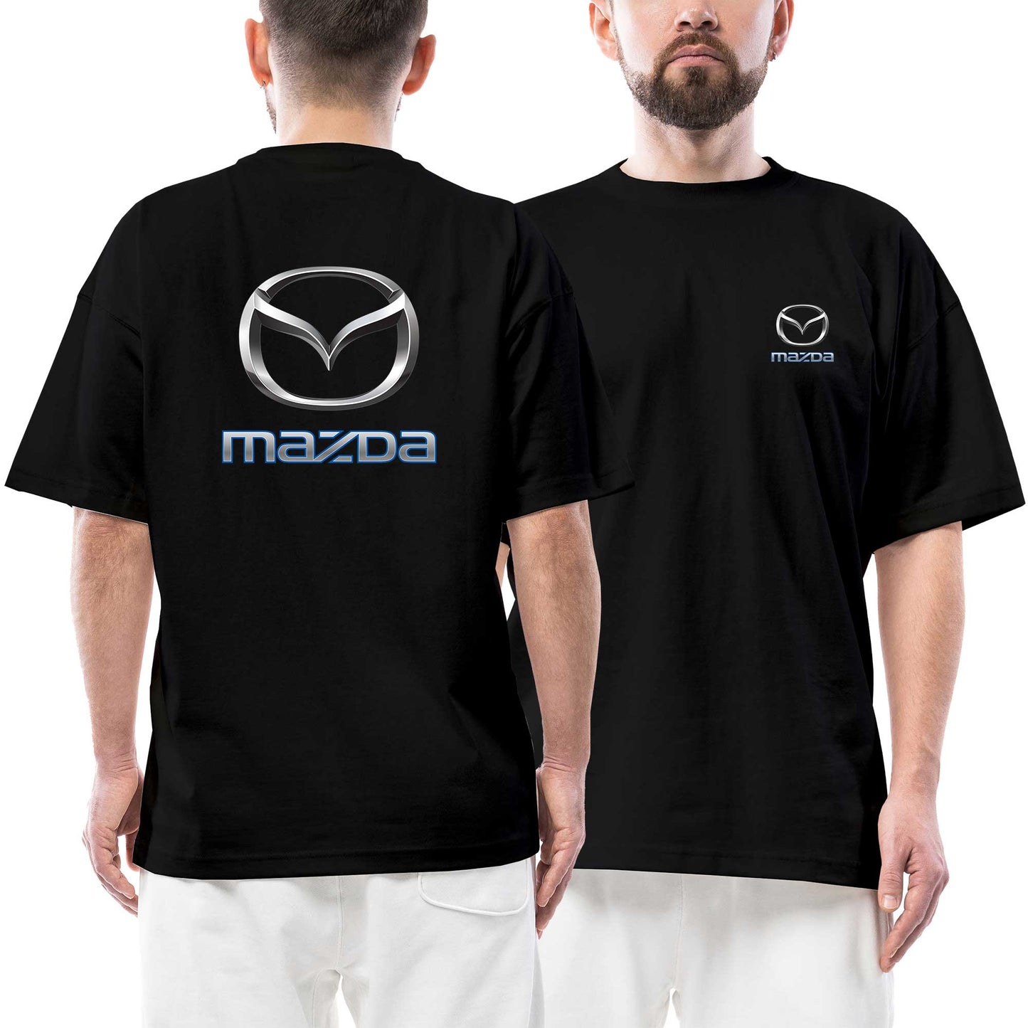 Mazda Logo Ön Arka Baskılı Siyah Oversize Tişört