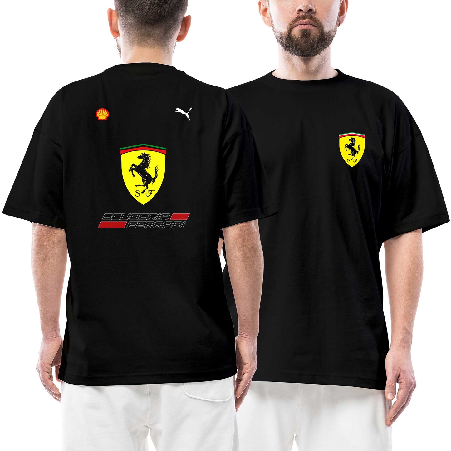 F1 Ferrari Logo Ön Arka Baskılı Siyah Oversize Tişört