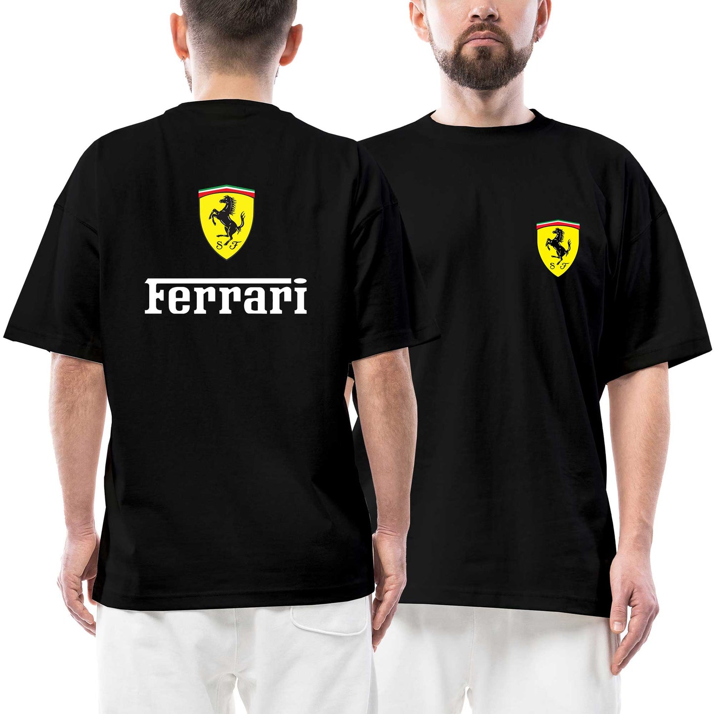Ferrari in Italy Ön Arka Baskılı Siyah Oversize Tişört