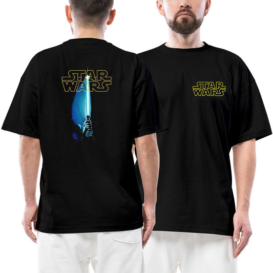 Star Wars Sword and Logo Ön Arka Baskılı Siyah Oversize Tişört