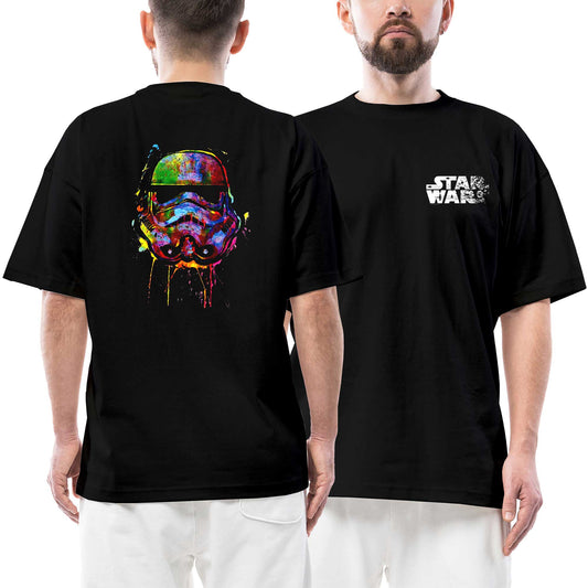 Star Wars Helmet Ön Arka Baskılı Siyah Oversize Tişört