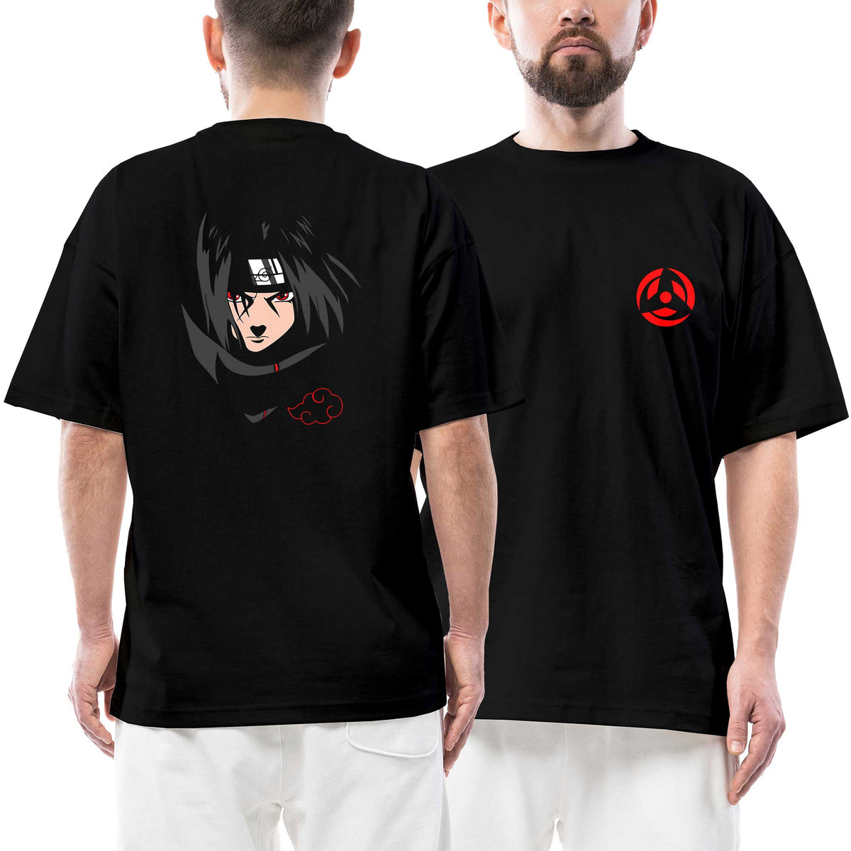 İndirimli Naruto Uchiha İtachi Ön Arka Baskılı Siyah Oversize Tişört