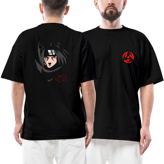 İndirimli Naruto Uchiha İtachi Ön Arka Baskılı Siyah Oversize Tişört