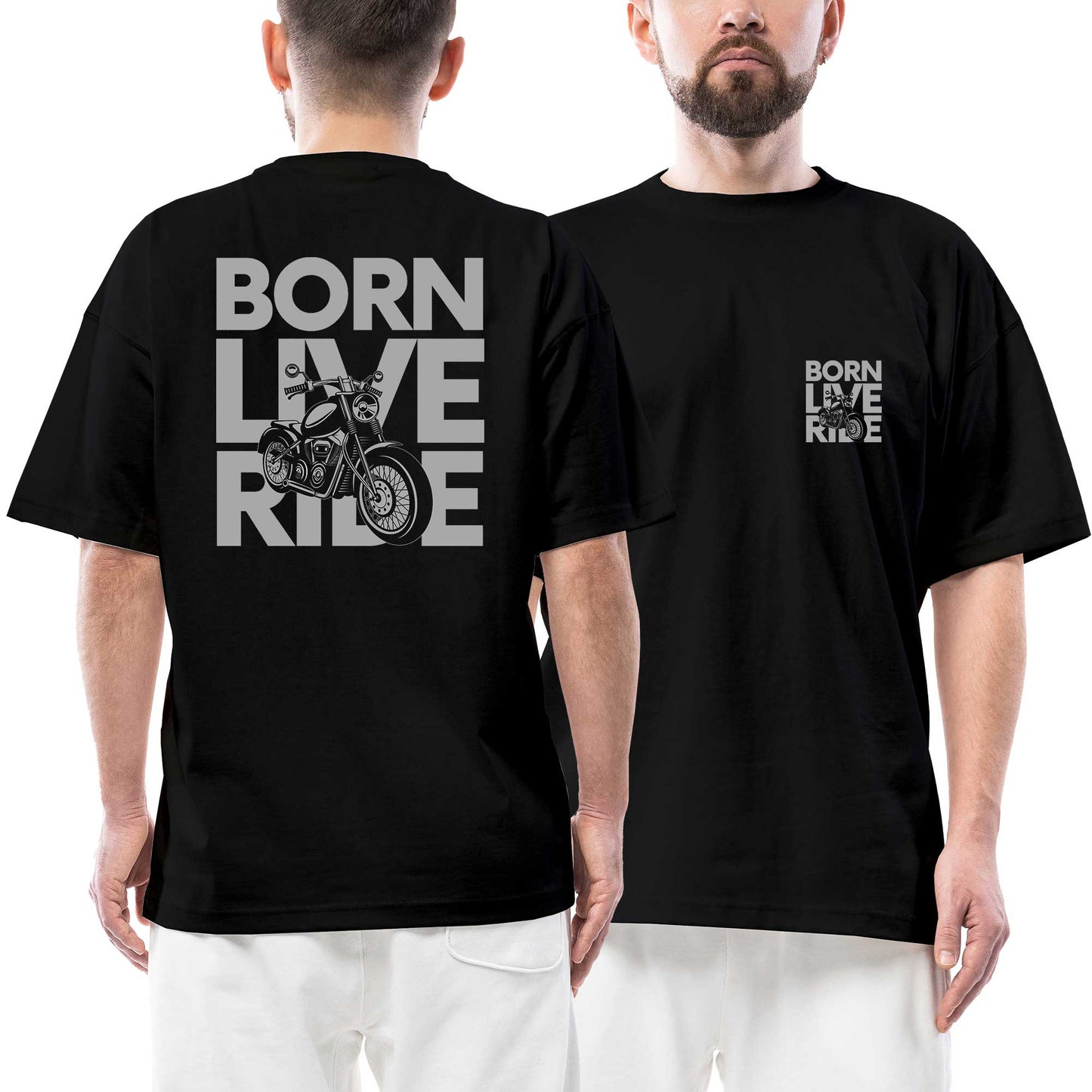 Born Live Ride Ön Arka Baskılı Siyah Oversize Tişört