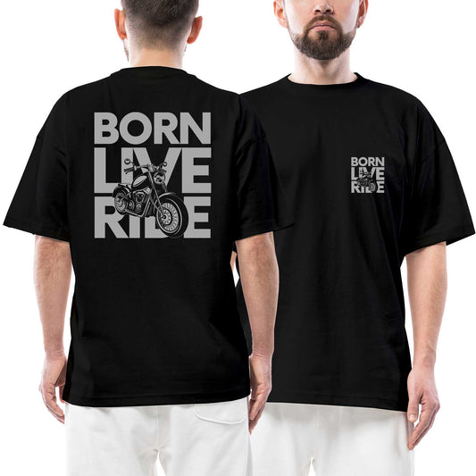Born Live Ride Ön Arka Baskılı Siyah Oversize Tişört