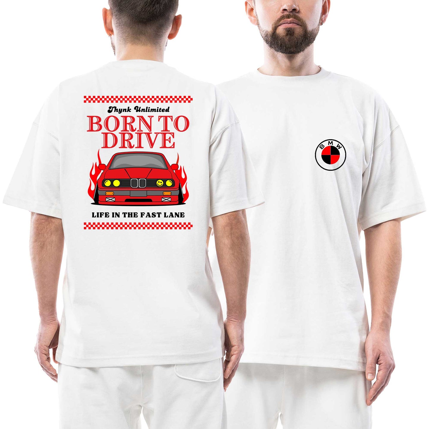Born To Drive Bmw Ön Arka Baskılı Beyaz Oversize Tişört