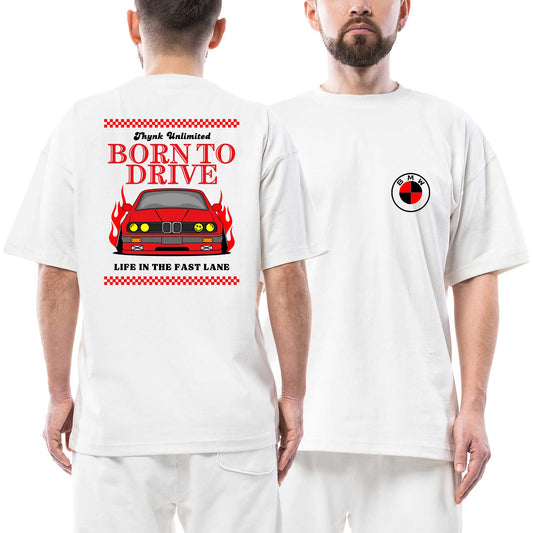Born To Drive Bmw Ön Arka Baskılı Beyaz Oversize Tişört