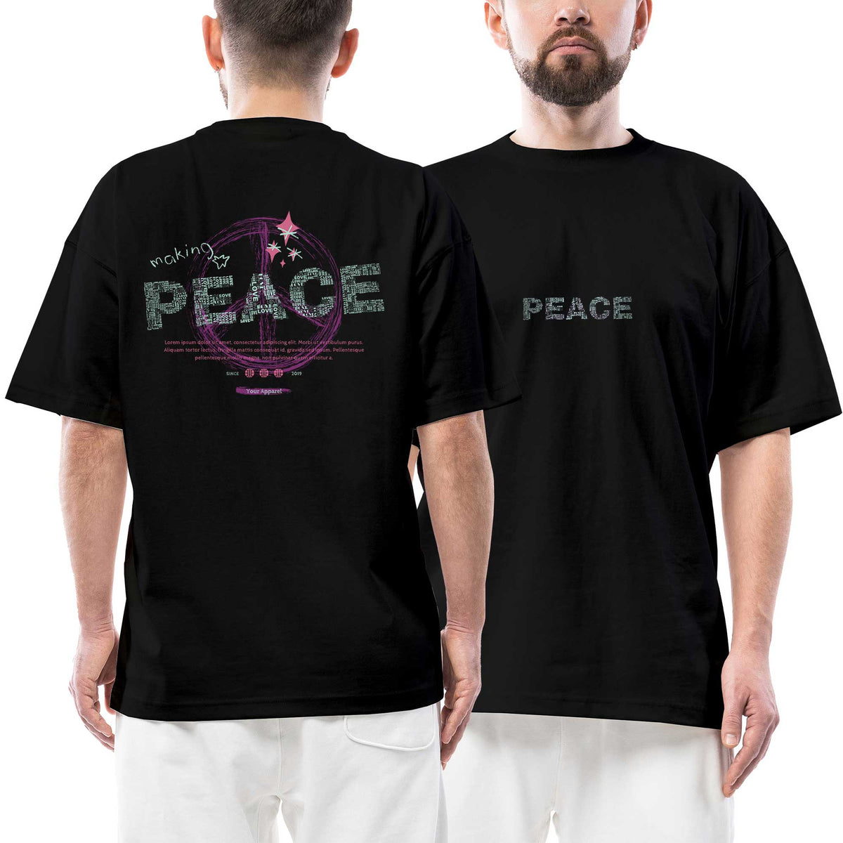 Brush Making Peace Ön Arka Baskılı Siyah Oversize Tişört