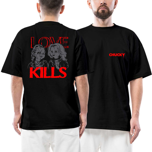 Chucky Love Kills Ön Arka Baskılı Siyah Oversize Tişört