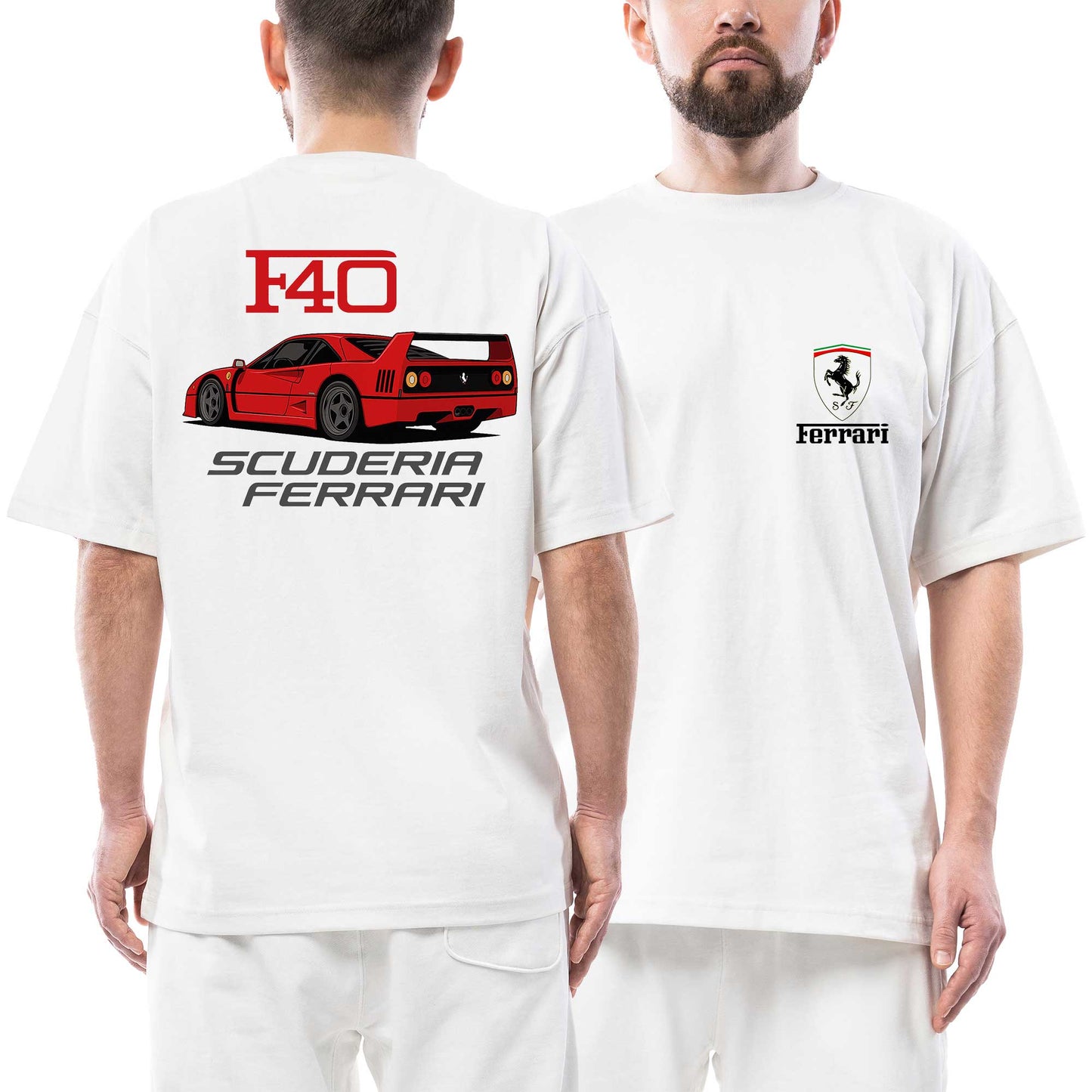 Ferrari F40 Ön Arka Baskılı Beyaz Oversize Tişört