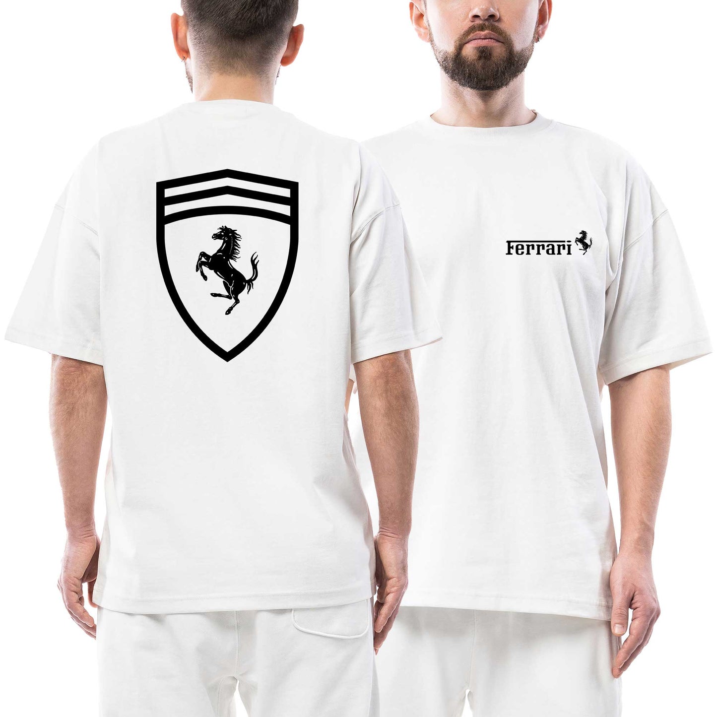 Ferrari Text Logo Ön Arka Baskılı Beyaz Oversize Tişört