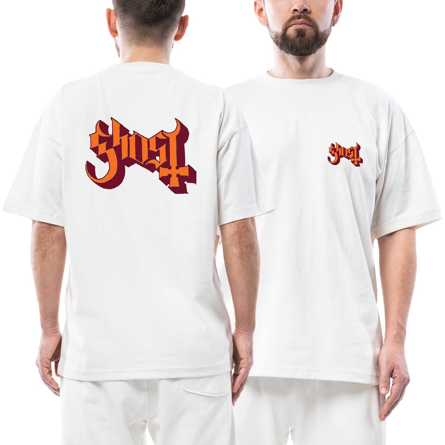 Ghost Logo Ön Arka Baskılı Beyaz Oversize Tişört
