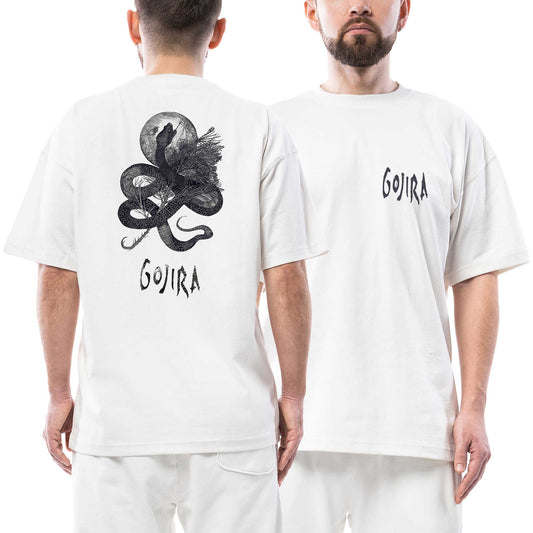 Gojira Snake And Moon Ön Arka Baskılı Beyaz Oversize Tişört