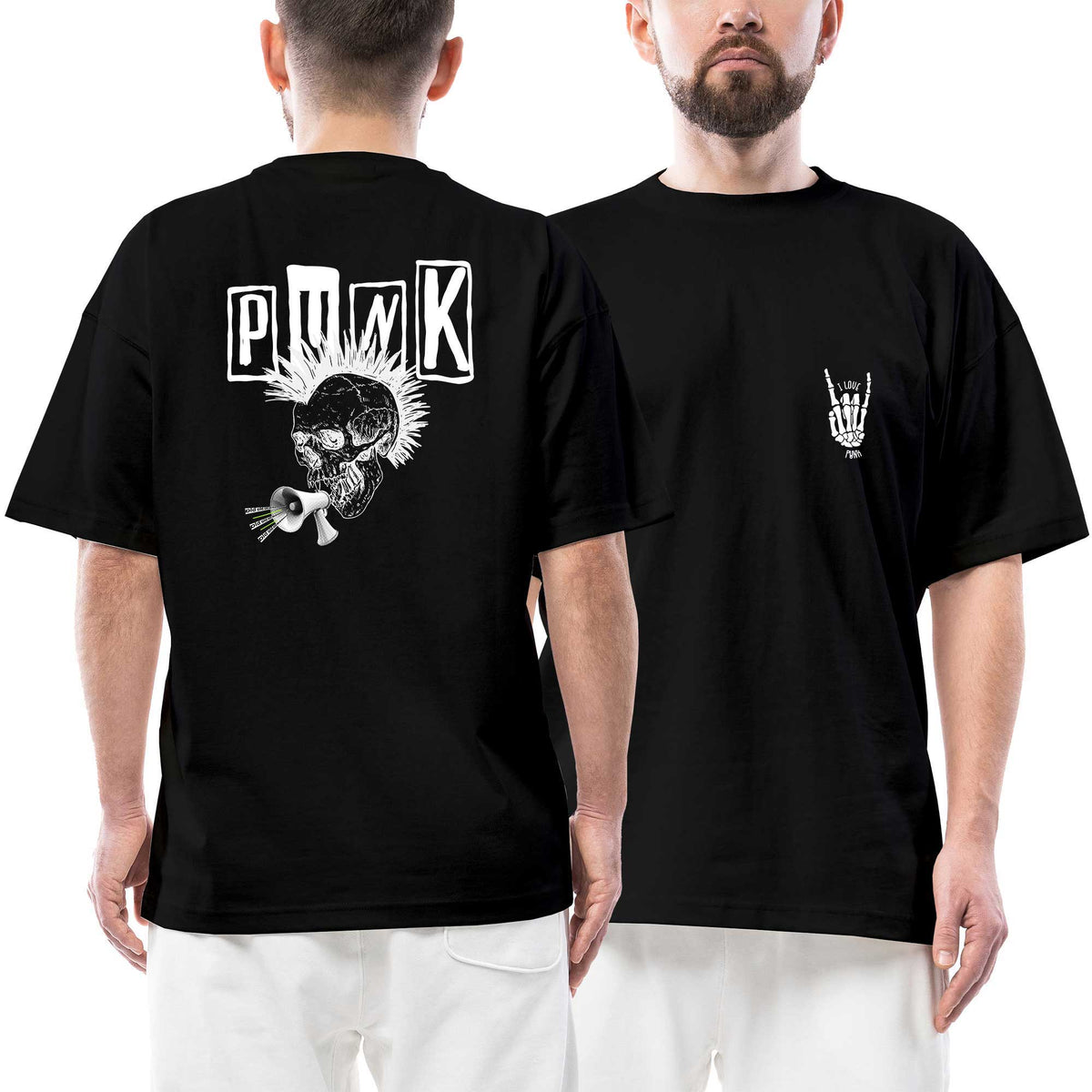 Love Punk Ön Arka Baskılı Siyah Oversize Tişört