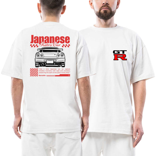 Japanese GTR Ön Arka Baskılı Beyaz Oversize Tişört