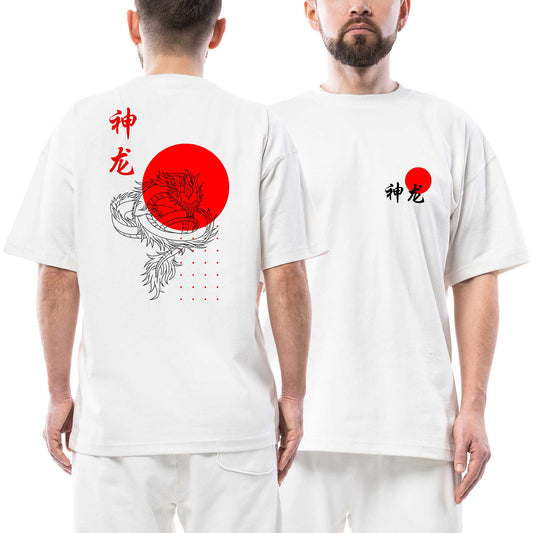 Japon Ejderha Ön Arka Baskılı Beyaz Oversize Tişört