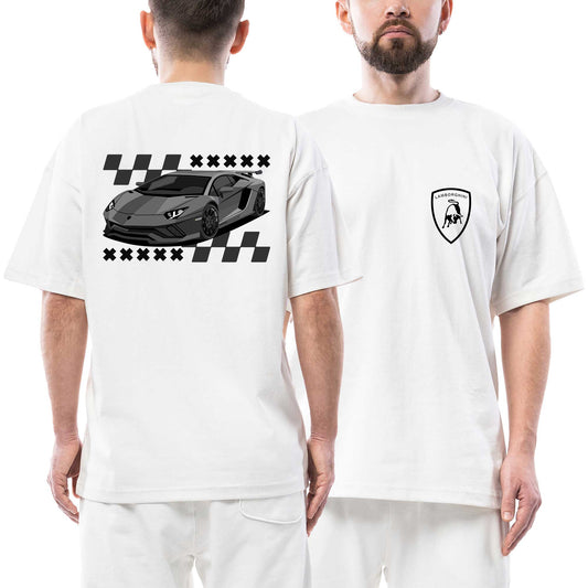 Lamborghini Huracan Ön Arka Baskılı Beyaz Oversize Tişört
