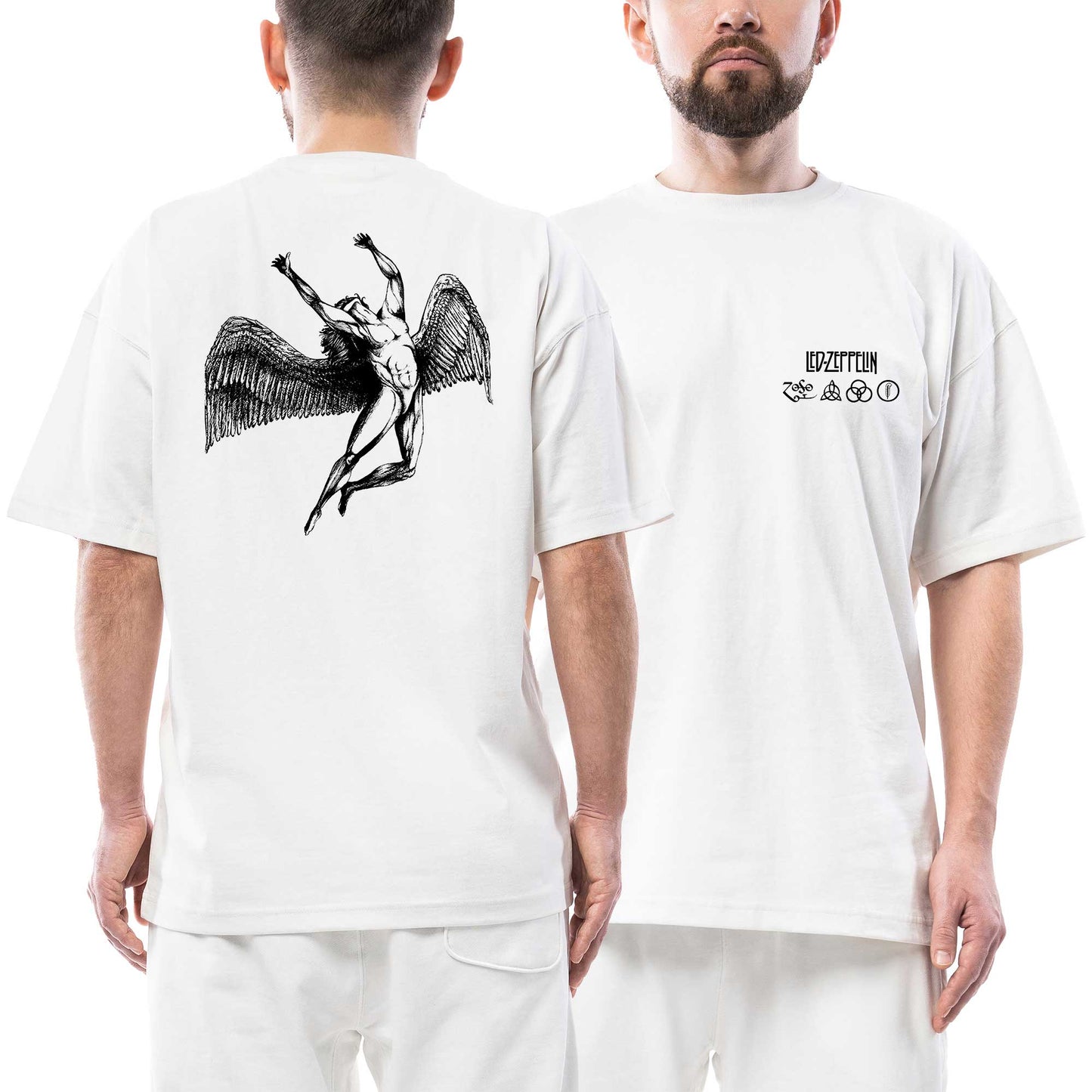 Led Zeppelin icarus Angel Ön Arka Baskılı Beyaz Oversize Tişört