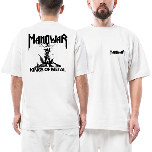 Manowar Kings Of Metal Black Ön Arka Baskılı Beyaz Oversize Tişört