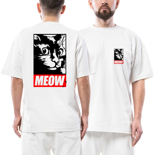 Meow Cat Ön Arka Baskılı Beyaz Oversize Tişört