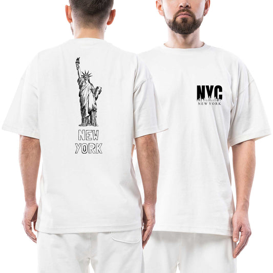 New York Ön Arka Baskılı Beyaz Oversize Tişört