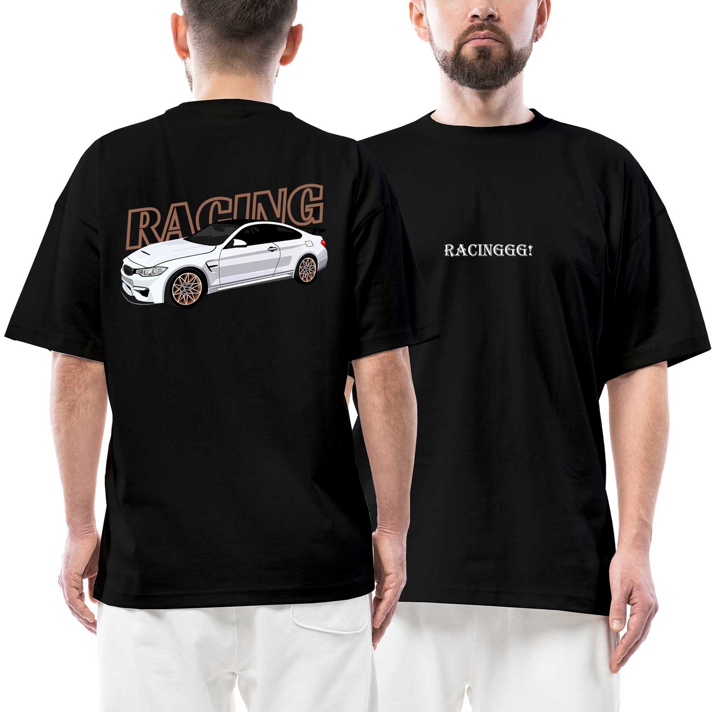 Racing BMW Ön Arka Baskılı Siyah Oversize Tişört