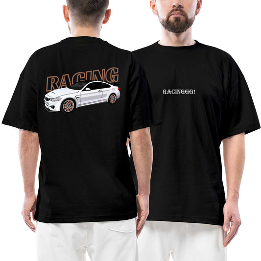 Racing BMW Ön Arka Baskılı Siyah Oversize Tişört