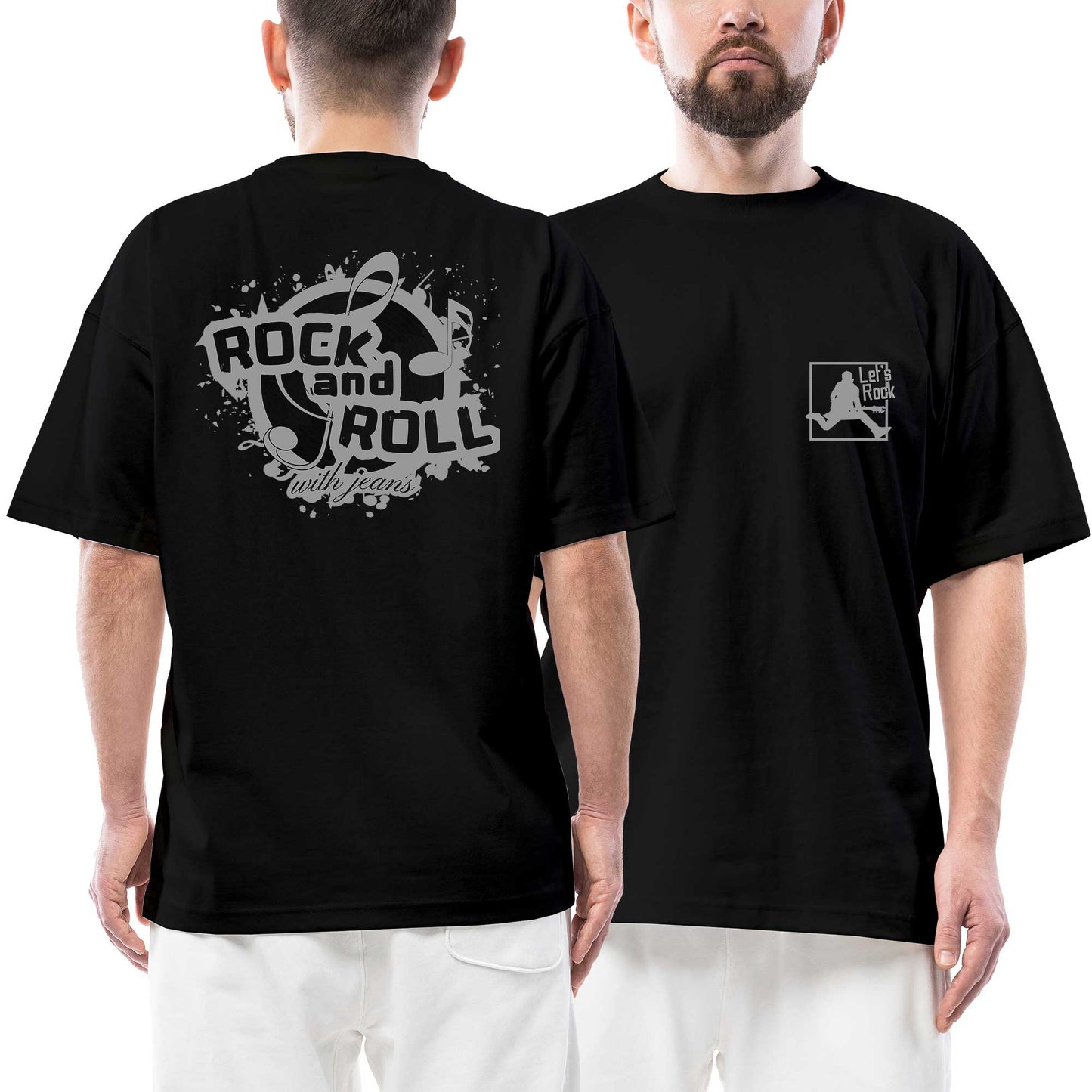 Rock And Roll Ön Arka Baskılı Siyah Oversize Tişört