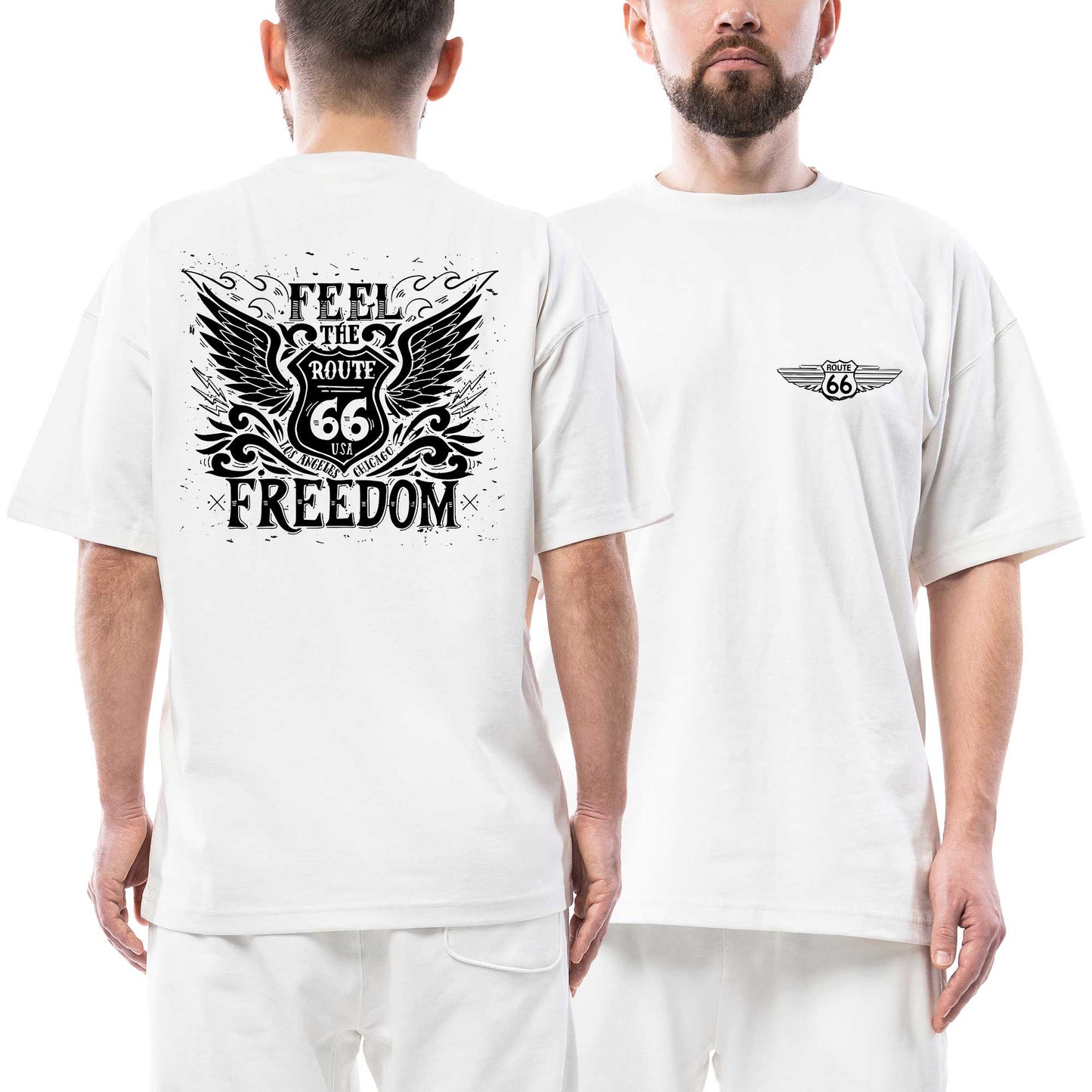 Route66 LA Ön Arka Baskılı Beyaz Oversize Tişört