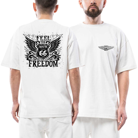 Route66 LA Ön Arka Baskılı Beyaz Oversize Tişört