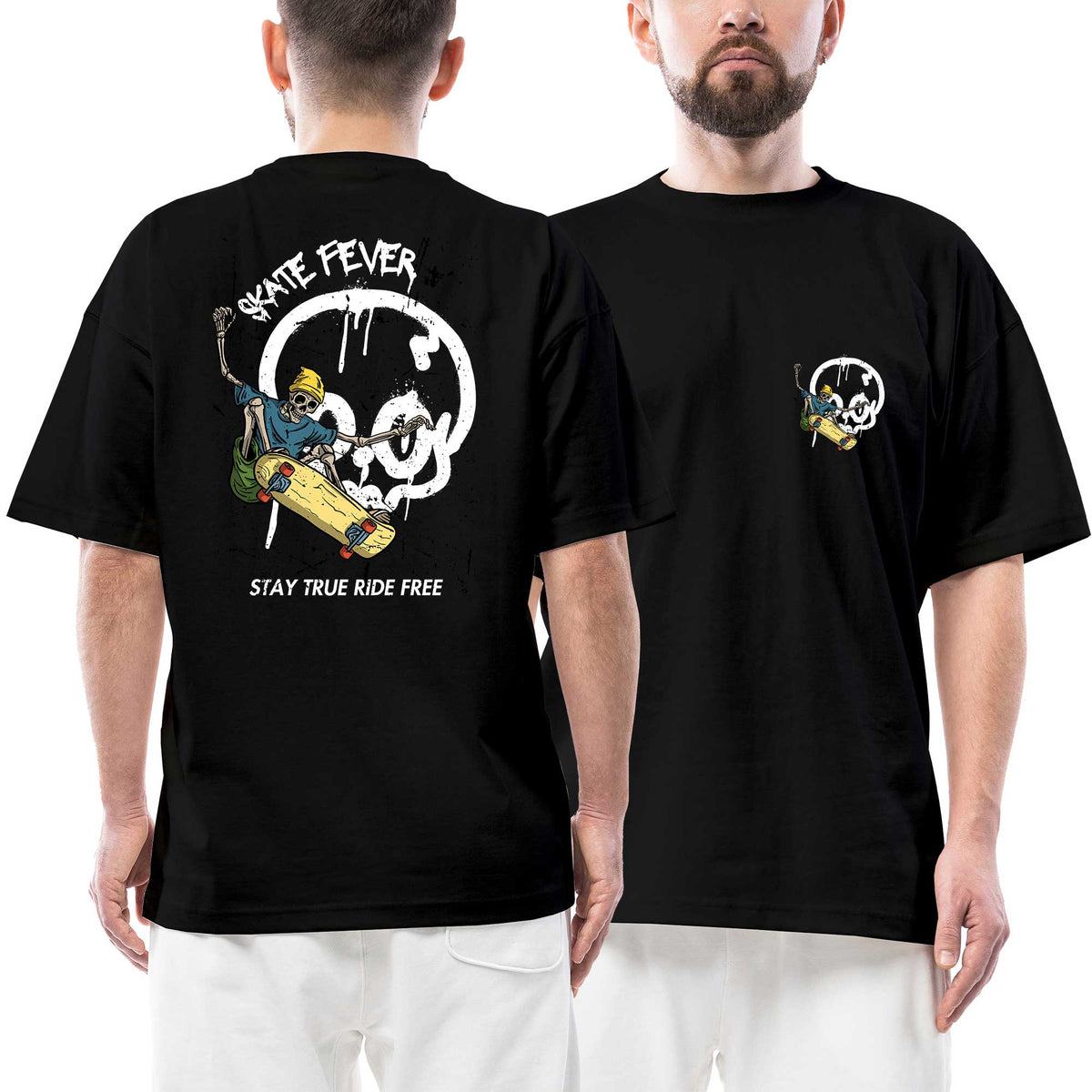 Skate Fever Ön Arka Baskılı Siyah Oversize Tişört